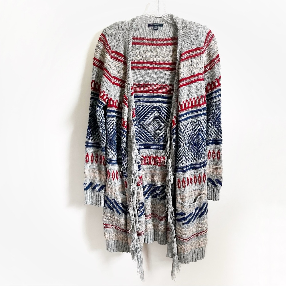 American Eagle duster cardigan sweater gray blue southwestern fringe knit